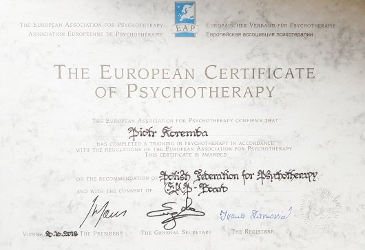 Certyfikat psychoterapeuty - Piotr Koremba