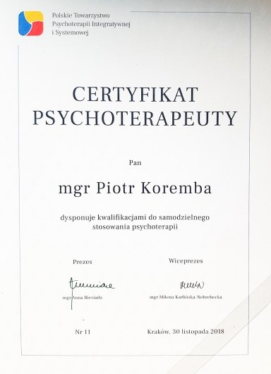 Certyfikat szkolenia psychoterapeutycznego