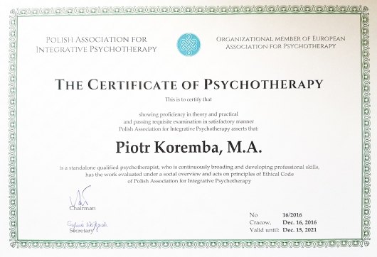 Dyplom ukończenia szkolenia psychoterapeutycznego
